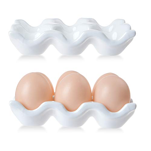 TENINYU Ceramic 6 Cups Egg Tray - Half Dozen Porcelain Egg Holder Container Keeper Storage Organizer Decorative Serving Dish Plate for Refrigerator Fridge Countertop Display Kitchen Home (White) - Image 4
