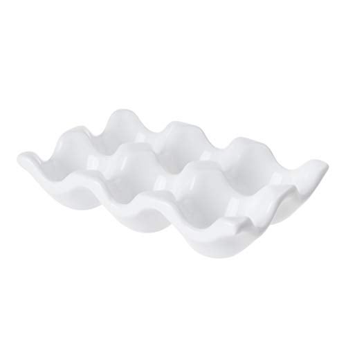 TENINYU Ceramic 6 Cups Egg Tray - Half Dozen Porcelain Egg Holder Container Keeper Storage Organizer Decorative Serving Dish Plate for Refrigerator Fridge Countertop Display Kitchen Home (White) - Image 3