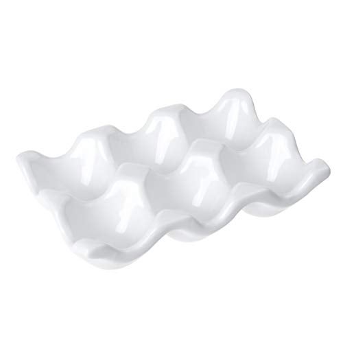 TENINYU Ceramic 6 Cups Egg Tray - Half Dozen Porcelain Egg Holder Container Keeper Storage Organizer Decorative Serving Dish Plate for Refrigerator Fridge Countertop Display Kitchen Home (White) - Image 2