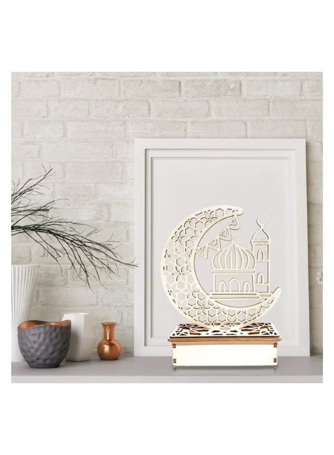 Ramadan Eid Mubarak LED Decorations, Moon Star Muslim Lights, Islam Church Wooden Moonlight Lamp for Eid al-Fitr Party Decoration Light Friends Believers Gifts