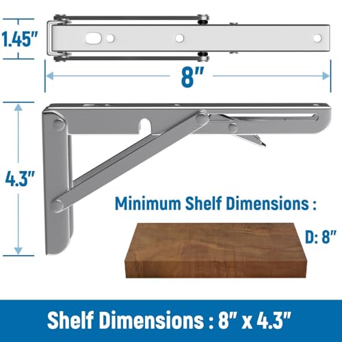 LEOPO 8 inch Folding Shelf Brackets2 Pack Foldable Heavy Duty Triangle Collapsible Wall Mounted Brackets for Fold Down Table Space Saving for Bench Table with Screws Stainless Steel - Image 3