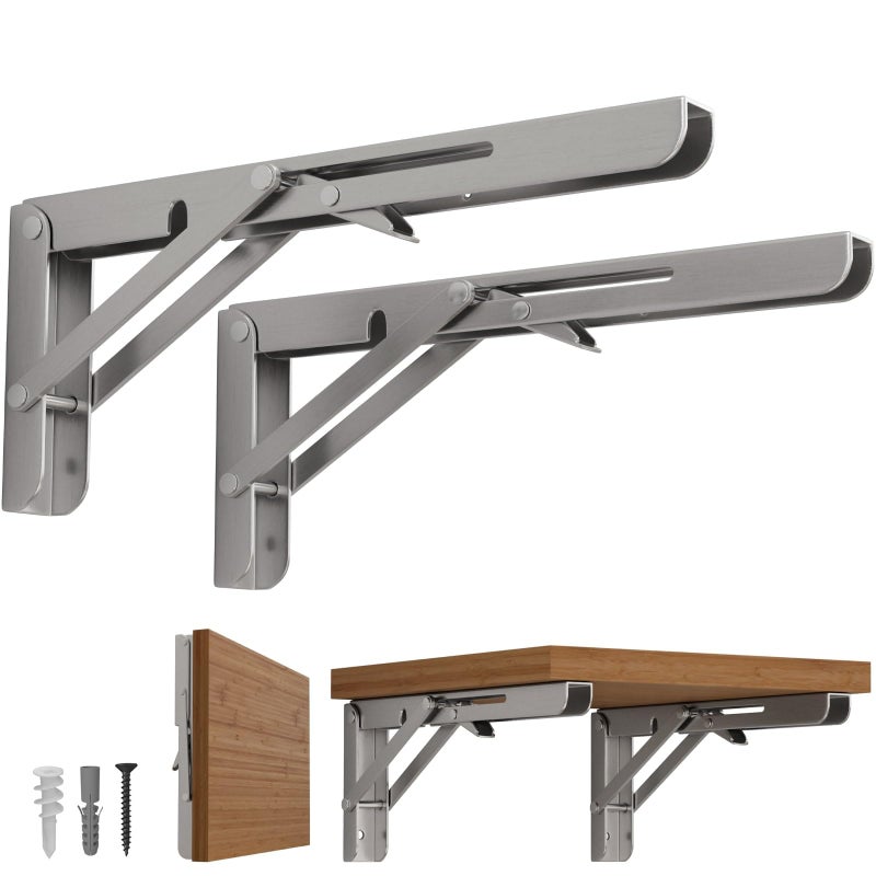LEOPO 8 inch Folding Shelf Brackets2 Pack Foldable Heavy Duty Triangle Collapsible Wall Mounted Brackets for Fold Down Table Space Saving for Bench Table with Screws Stainless Steel - Image 2