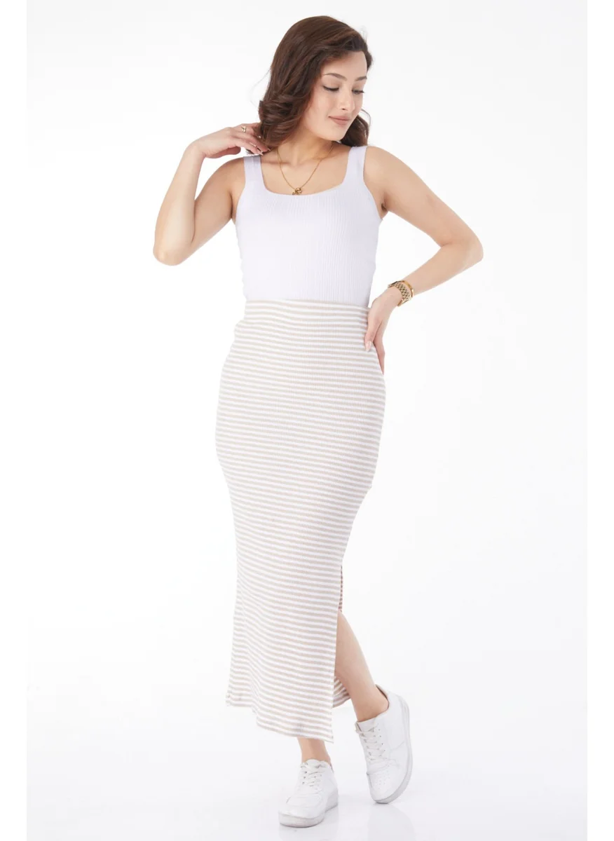 Tofisa 24664-BEJ Striped Slit Skirt