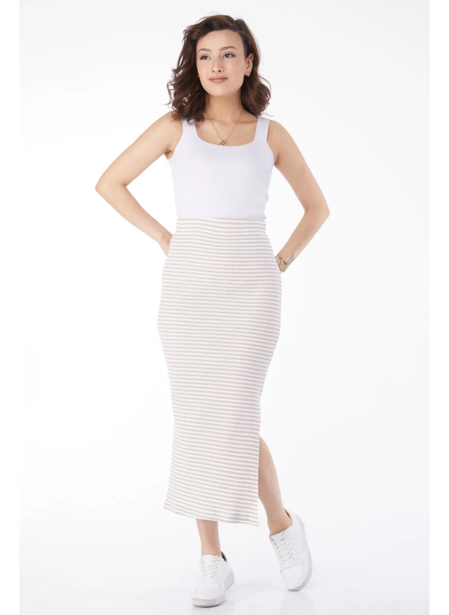 Tofisa 24664-BEJ Striped Slit Skirt