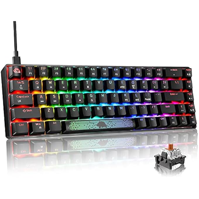 60% MECHANICAL GAMING KEYBOARD MINI PORTABLE WITH RGB BACKLIT COMPACT 68 KEY ANTI-GHOSTING RAINBOW BACKLIGHT ERGONOMIC WIRE USB C WATERPROOF COMPATIBLE WITH PS4,XBOX,PC,LAPTOP - BLACK/BROWN SWITCH