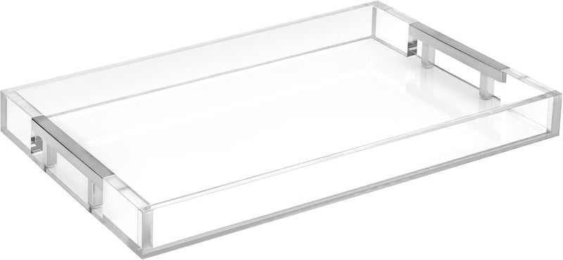 Home Redefined Modern 16x12 Rectangle Acrylic Lucite Plastic Decorative Serving Tray with Silver Stainless Steel Metal Handles for Home Decor Ottoman Coffee Table Food Fruits Lap Vanity Perfume by Home Redefined - Image 1