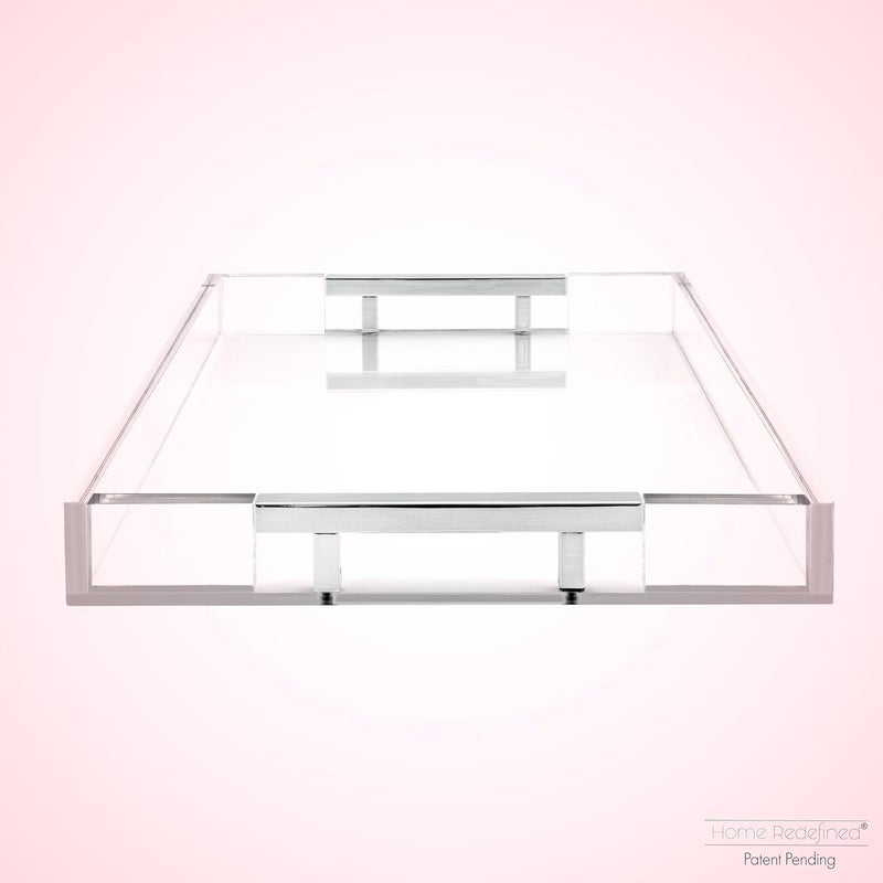 Home Redefined Modern 16x12 Rectangle Acrylic Lucite Plastic Decorative Serving Tray with Silver Stainless Steel Metal Handles for Home Decor Ottoman Coffee Table Food Fruits Lap Vanity Perfume by Home Redefined - Image 4