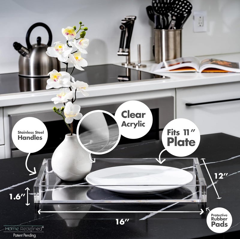 Home Redefined Modern 16x12 Rectangle Acrylic Lucite Plastic Decorative Serving Tray with Silver Stainless Steel Metal Handles for Home Decor Ottoman Coffee Table Food Fruits Lap Vanity Perfume by Home Redefined - Image 3