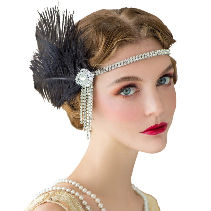 SWEETV Flapper Headbands Womens 1920s Headpiece Great Gatsby Inspired Feather Headband Cocktail Party Rhinestone Hair Accessories for Women Black