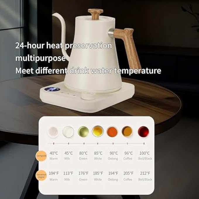 كاست ويف غلاية كهربائية ذات عنق إوزة سعة 9 لتر لصب القهوة والشاي، تسخين سريع، شاشة رقمية داخلية من الفولاذ المقاوم للصدأ، تحكم في درجة الحرارة، مؤقت قابل للتعديل، إيقاف تلقائي، لاسلكية، خالية من مادة BPA، بيضاء - Image 3