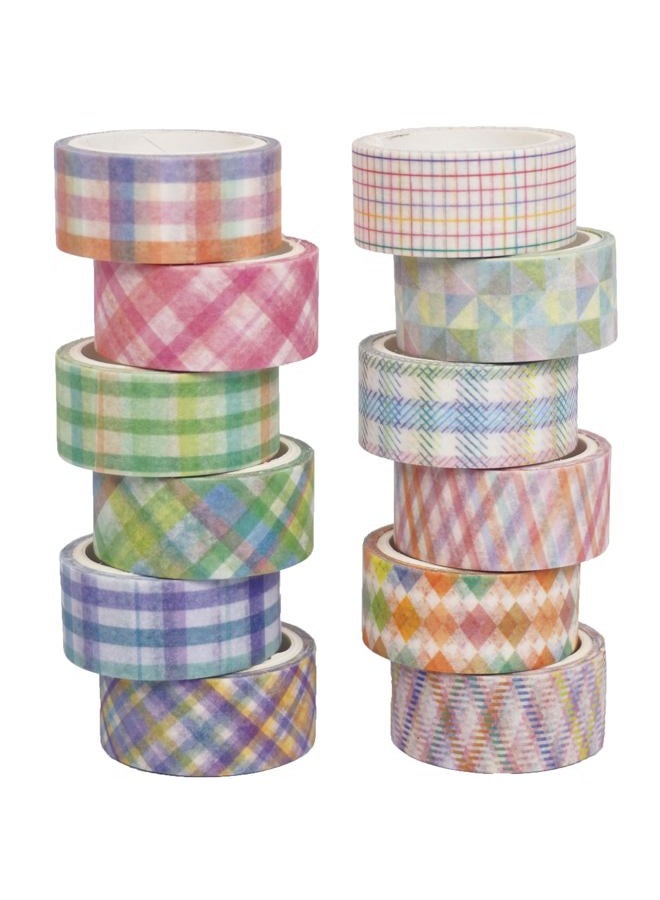 YUBX Basic Grid Washi Tape Set 12 Rolls Plaid Decorative Masking Tapes for Arts, DIY Crafts, Journals, Planners, Scrapbook, Wrapping (Colored) - Image 1