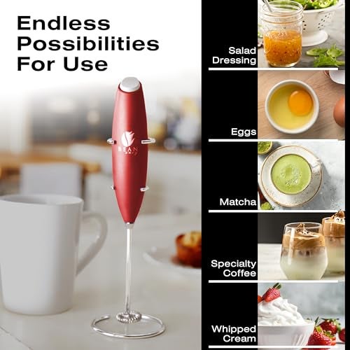 Bean Envy Milk Frother Handheld for Coffee - Electric Hand Blender, Mini Drink Mixer Whisk & Coffee Foamer Wand with Stand for Lattes, Cappuccino, Matcha and Hot Chocolate - Kitchen Gifts - Red - Image 3