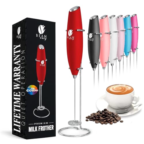 Bean Envy Milk Frother Handheld for Coffee - Electric Hand Blender, Mini Drink Mixer Whisk & Coffee Foamer Wand with Stand for Lattes, Cappuccino, Matcha and Hot Chocolate - Kitchen Gifts - Red - Image 1