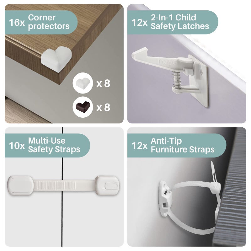 Inaya Complete 50pc Deluxe Baby Proofing Kit - Flexible Hidden Baby Locks for Cabinets and Drawers, Adjustable Child Safety Latches, Corner Guards & Furniture Anchors - Image 2