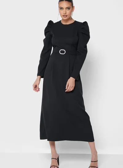 Khizana Belted Puff Sleeve Dress