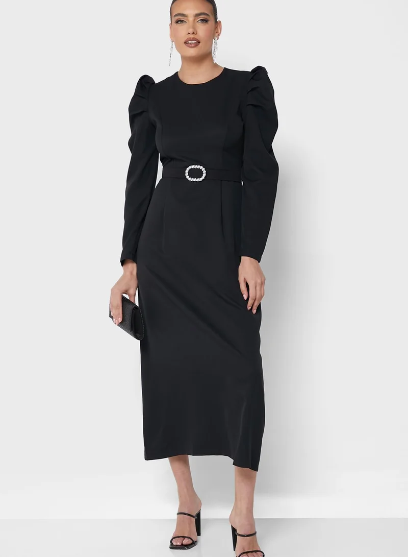 Khizana Belted Puff Sleeve Dress