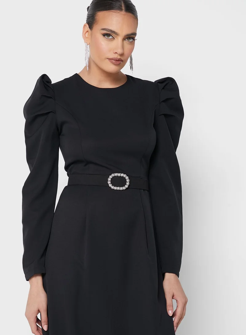Khizana Belted Puff Sleeve Dress