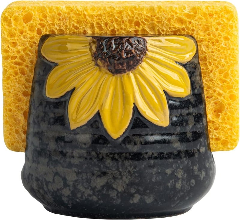 GABROC YU&CH Sunflower Sponge Holder for Kitchen Sink, Ceramic, Yellow, Freestanding, Dishwasher Safe - Image 1