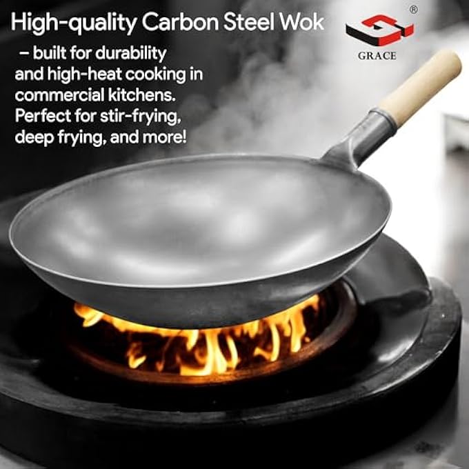 rayihni Grace Carbon Steel Chinese Wok With Wooden Handle For Home  Restaurant Carbon Steel Round Bottom Traditional Black Chinese Wok With Ergonomic Wooden Handle 40Cm16Inch - Image 4