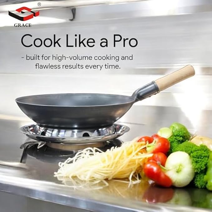 rayihni Grace Carbon Steel Chinese Wok With Wooden Handle For Home  Restaurant Carbon Steel Round Bottom Traditional Black Chinese Wok With Ergonomic Wooden Handle 40Cm16Inch - Image 5