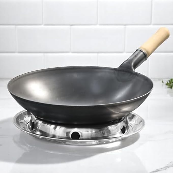 rayihni Grace Carbon Steel Chinese Wok With Wooden Handle For Home  Restaurant Carbon Steel Round Bottom Traditional Black Chinese Wok With Ergonomic Wooden Handle 40Cm16Inch - Image 2