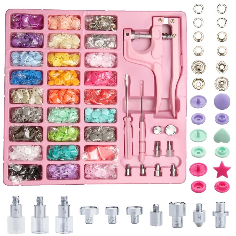 Plastic And Metal Snaps With Snap Pliers Set 300 Sets For Sewing And Crafts Pink Color - Image 1