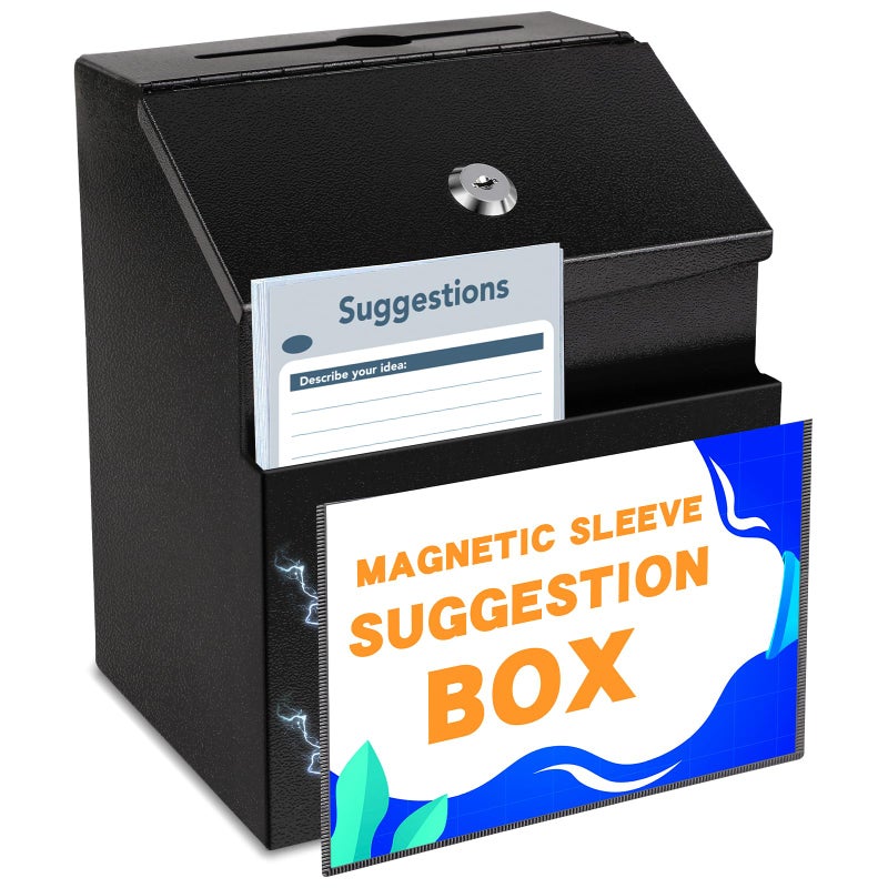 LINSIRON Suggestion Box with Slot and Lock Metal 84 x 58 x 70 inch BuiltIn Storage Compartment with Magnetic Sign Holder 50 Suggestion Cards Tip Jar Ballot Voting Prayer Comment Mailbox Teacher