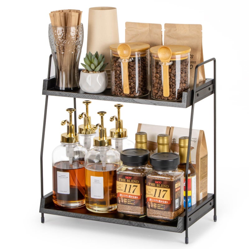 ANBOXIT 2Tier Coffee Station Organizer Wooden Kitchen Counter Shelf  Black