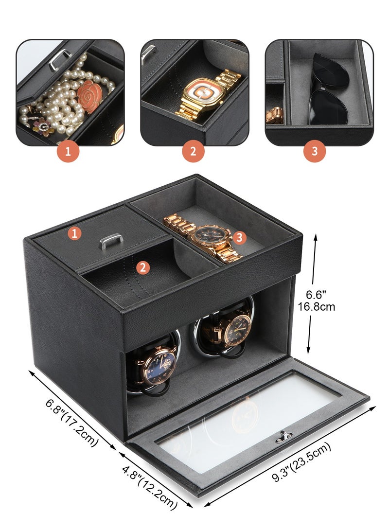 HomarKet Automatic Double Watch Winder - Watch Winder Box with Men Jewelry Organizer Tray, Japanese Quiet Motor, LED Light, Adjustable Watch Pillows, AC Adapter - Black - Image 3