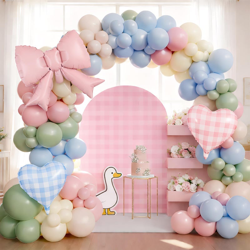 Togvu Silly Goose Balloon Arch with Checkered Heart Bow Foil Balloons, Pink Blue Sage Green Sand White Ivory Balloon Garland for Girls Boys First Birthday Baby In Bloom Baby Shower Flower Fairy Tea Decor - Image 2
