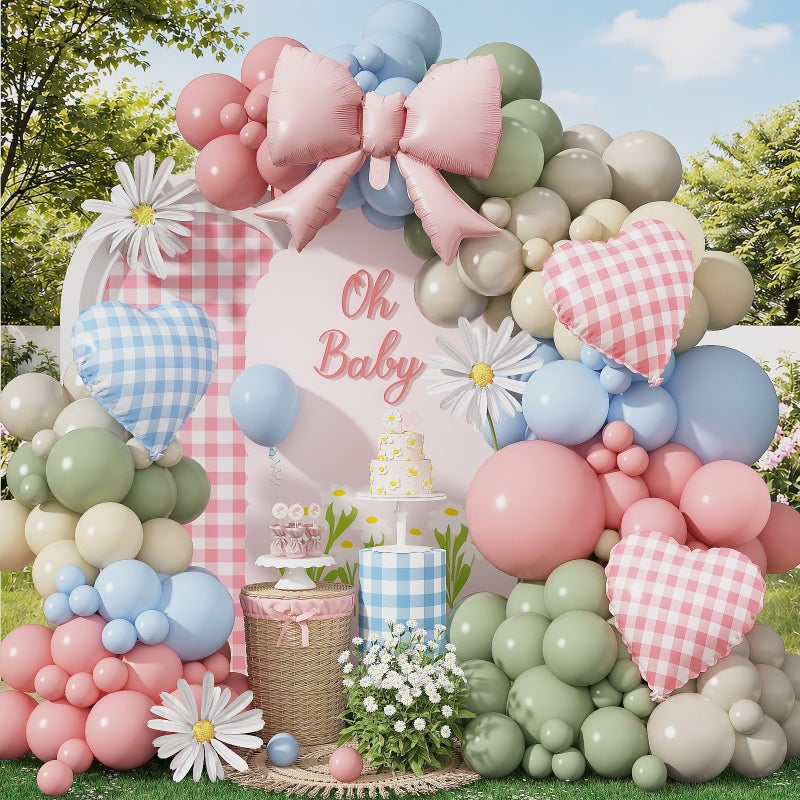 Togvu Silly Goose Balloon Arch with Checkered Heart Bow Foil Balloons, Pink Blue Sage Green Sand White Ivory Balloon Garland for Girls Boys First Birthday Baby In Bloom Baby Shower Flower Fairy Tea Decor - Image 1