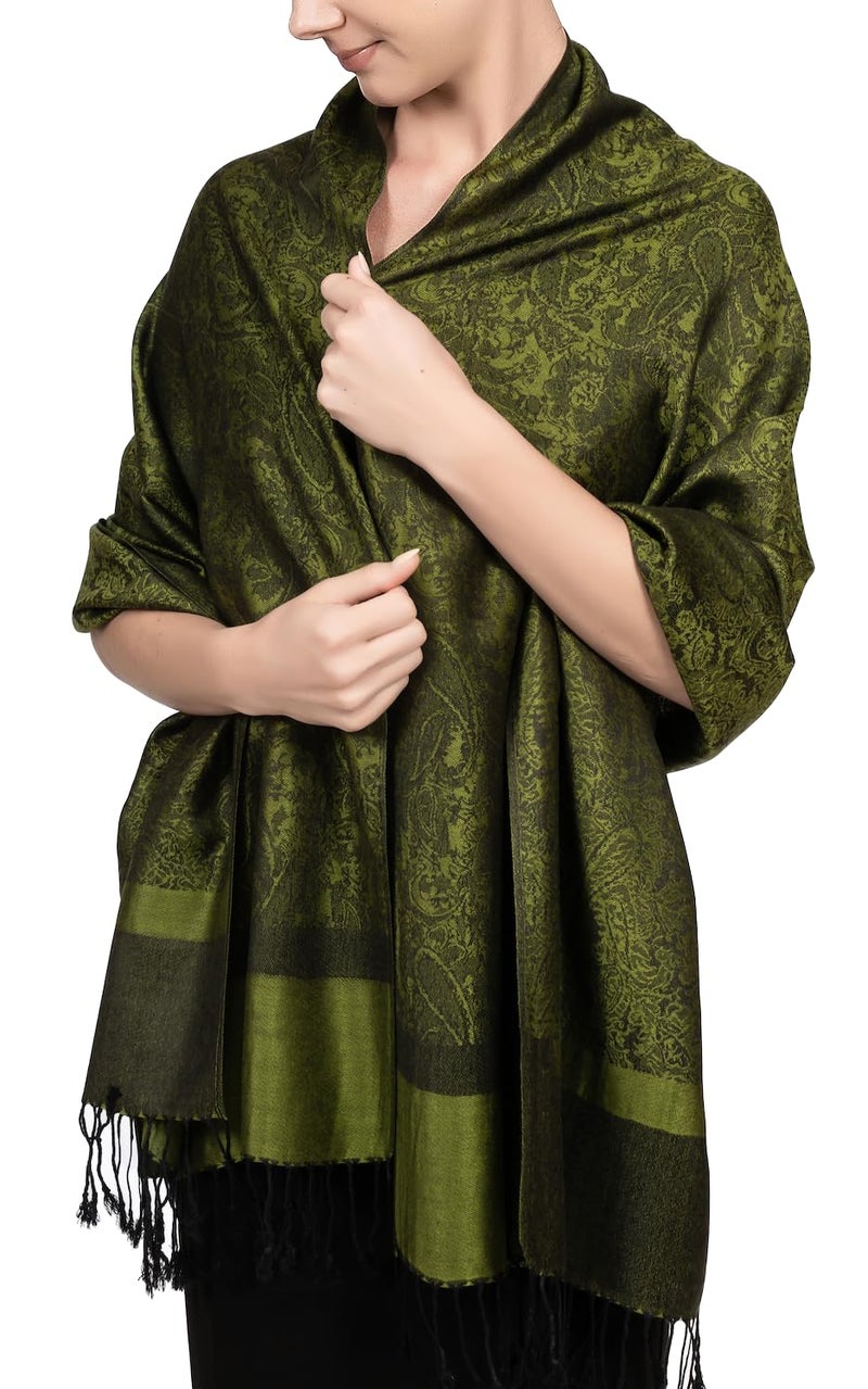 Achillea Two Tone Vintage Jacquard Paisley Pashmina Shawl Wrap Scarf (Dark Green) - Image 1