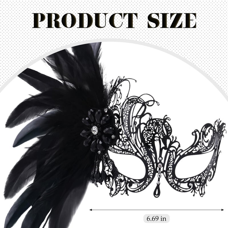 Zinniday Black Masquerade Mask for Women - 2026 Venetian Antique Metal Masks with Shiny Rhinestone and Feather for Woman Couples Carnival Prom Ball Party Renaissance Costume Accessory (6.69 inch) - Image 2