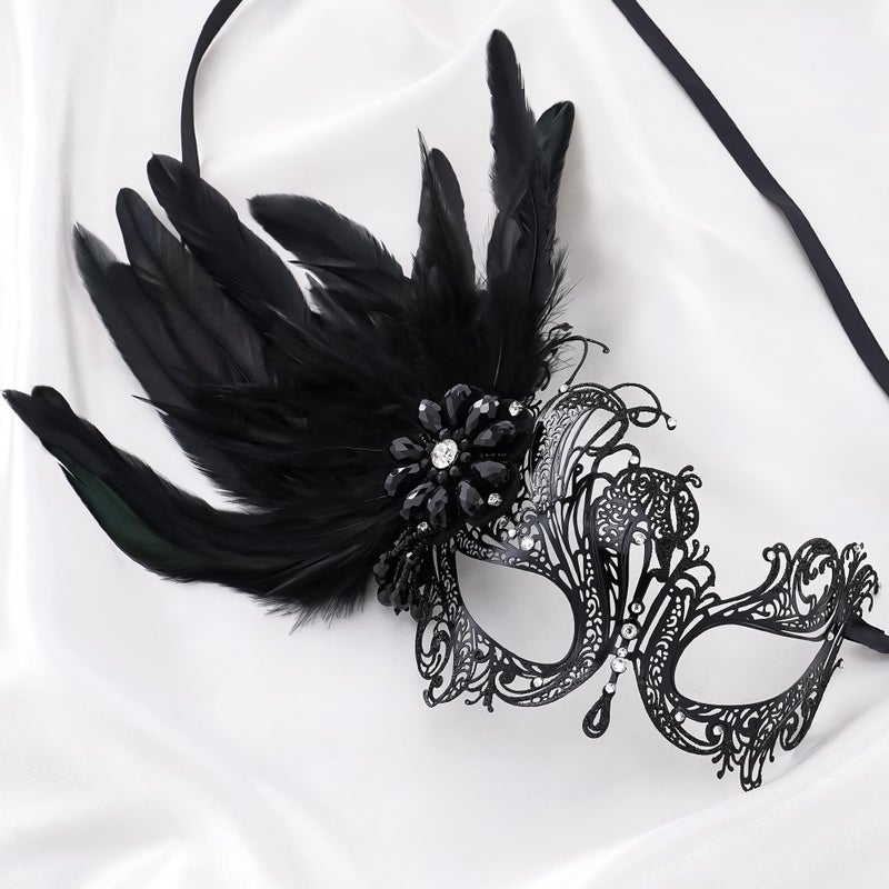 Zinniday Black Masquerade Mask for Women - 2026 Venetian Antique Metal Masks with Shiny Rhinestone and Feather for Woman Couples Carnival Prom Ball Party Renaissance Costume Accessory (6.69 inch) - Image 4