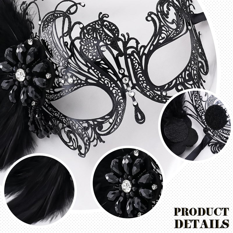 Zinniday Black Masquerade Mask for Women - 2026 Venetian Antique Metal Masks with Shiny Rhinestone and Feather for Woman Couples Carnival Prom Ball Party Renaissance Costume Accessory (6.69 inch) - Image 5