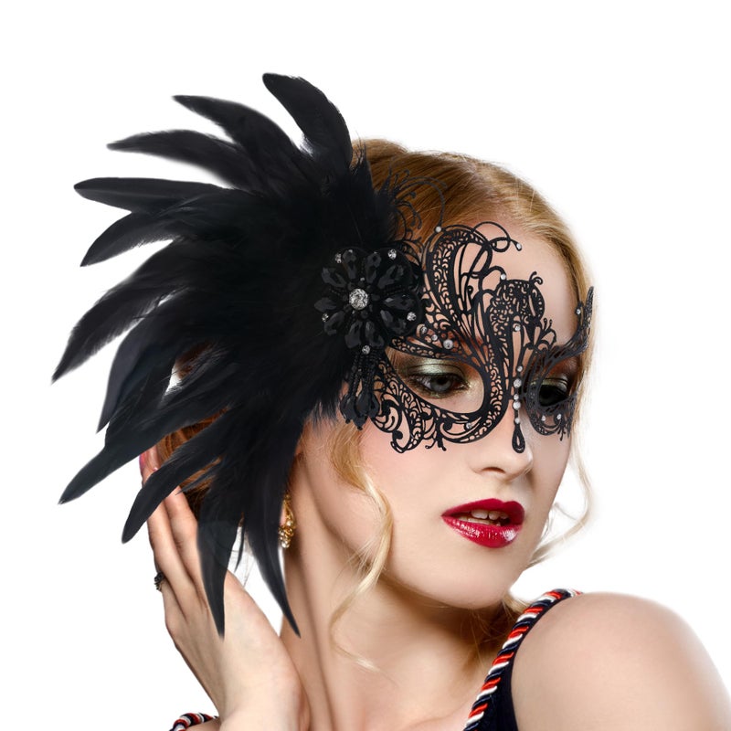 Zinniday Black Masquerade Mask for Women - 2026 Venetian Antique Metal Masks with Shiny Rhinestone and Feather for Woman Couples Carnival Prom Ball Party Renaissance Costume Accessory (6.69 inch) - Image 1