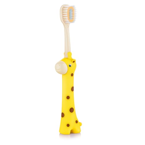 BeeBaby Giraffe Brush Buddy Toothbrush for Kids 3-6 Years, Soft Handle for Easy Grip, 10 x Softer Tapered Bristles Ideal for Milk and Permanent Teeth, 100% BPA Free. Yellow - Image 1