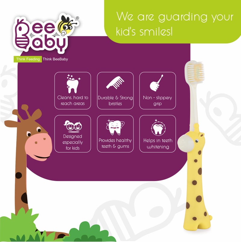BeeBaby Giraffe Brush Buddy Toothbrush for Kids 3-6 Years, Soft Handle for Easy Grip, 10 x Softer Tapered Bristles Ideal for Milk and Permanent Teeth, 100% BPA Free. Yellow - Image 4