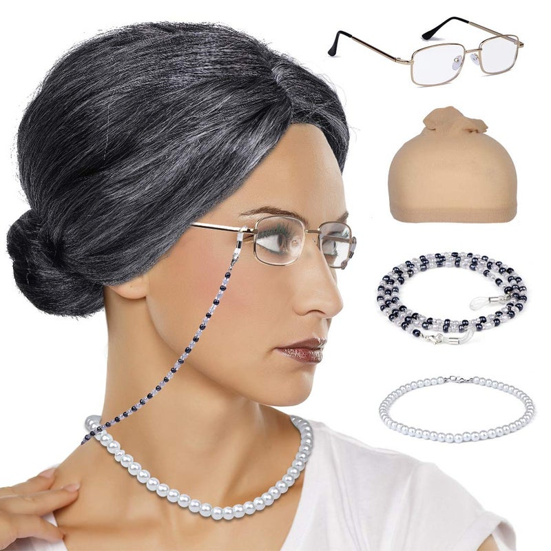 Faybox Old Lady Wig  Granny Cosplay Wig With Hair Rollers For Halloween Costume Dress Up Party - Image 1