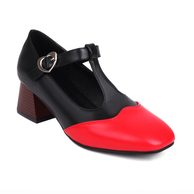 Color Matching Square Head Thick Heel T-Shaped Large Size Women'S Shoes Medium Heel Single-Layer Shoes For A- 03 - Image 1