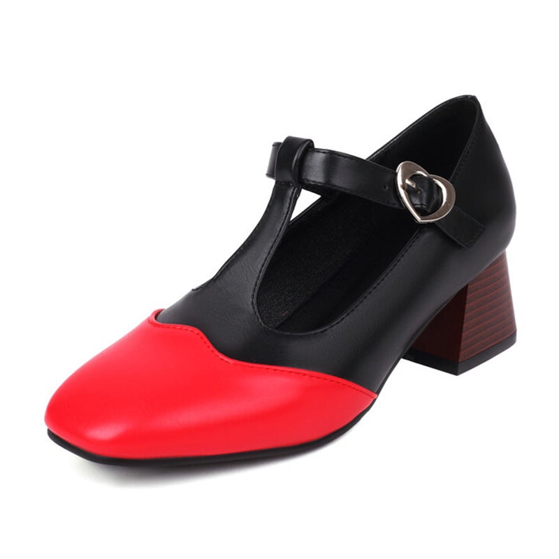 Color Matching Square Head Thick Heel T-Shaped Large Size Women'S Shoes Medium Heel Single-Layer Shoes For A- 03 - Image 2