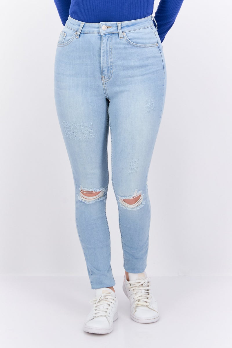 NA-KD Women Skinny Fit Ripped No Stretch Jeans, Light Blue - Image 1