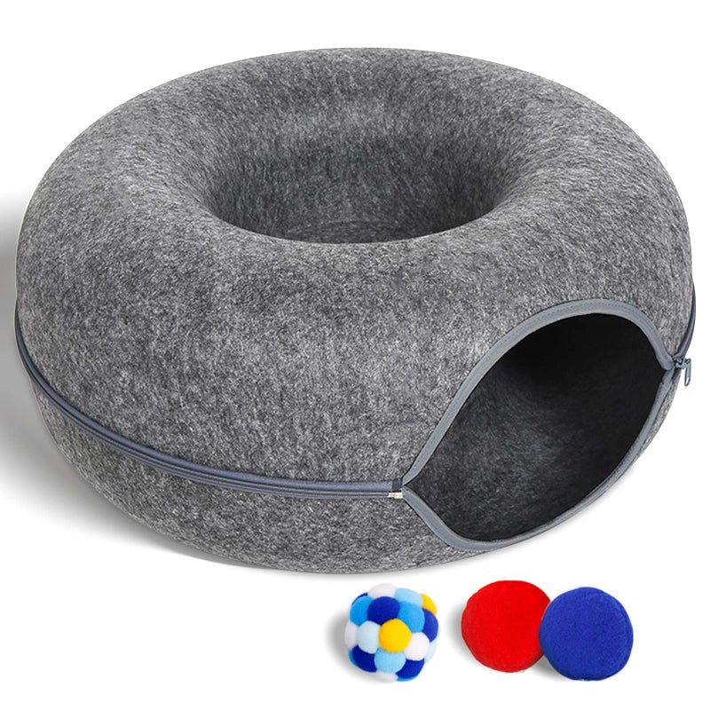 PLIISLUP Large Cat Tunnel Bed for Indoor Cats with 3 Toys, Scratch Resistant Donut Cat Bed, Up to 30 Lbs (L 24x24x11, Dark Grey) - Image 1