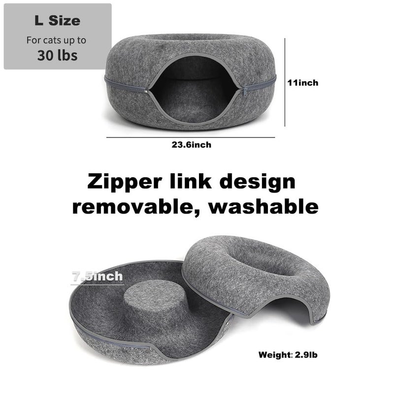 PLIISLUP Large Cat Tunnel Bed for Indoor Cats with 3 Toys, Scratch Resistant Donut Cat Bed, Up to 30 Lbs (L 24x24x11, Dark Grey) - Image 2