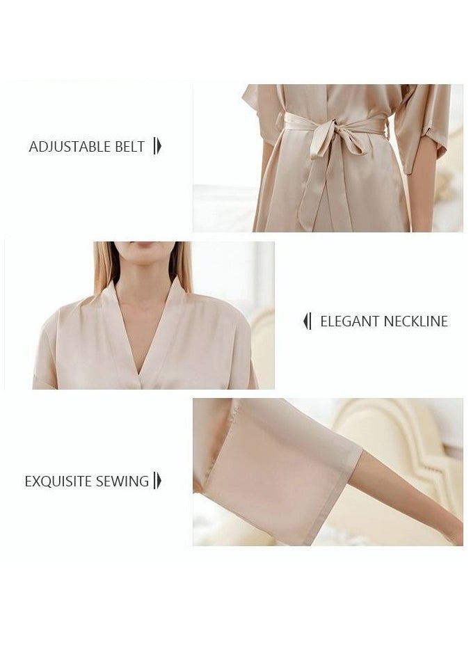 Women's Bathrobe Ice Silk Satin Cooling Nightgown Breathable Skin-friendly Bathrobe Champagne Gold - Image 4