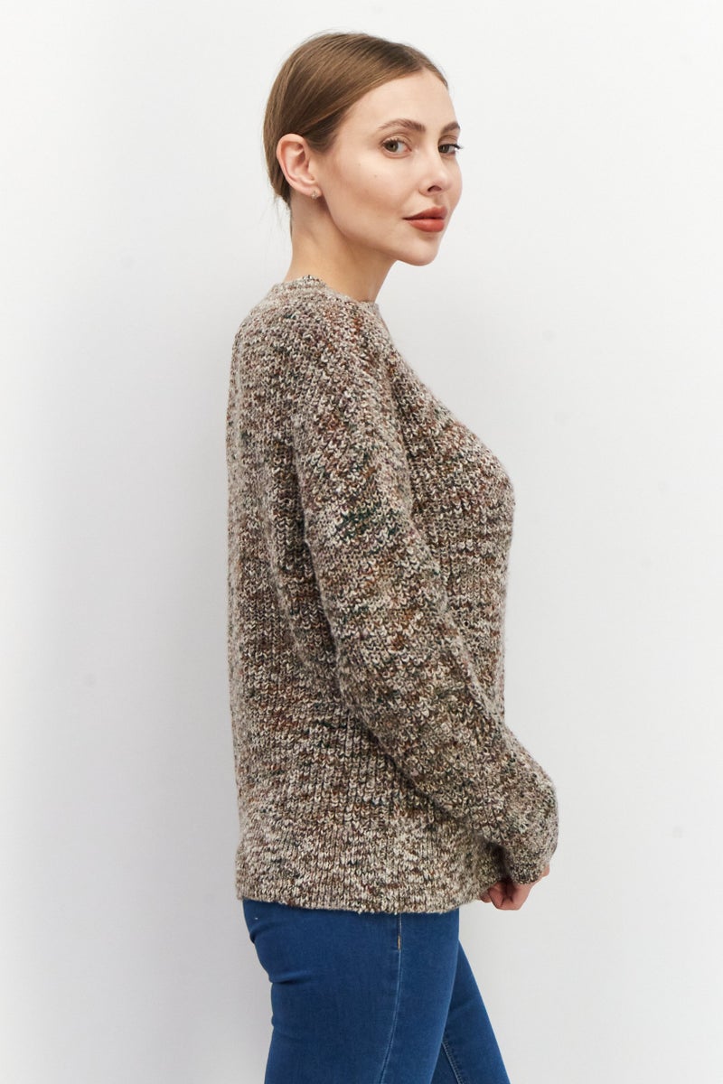 ESPRIT Women Mock Neck Long Sleeve Knitted Sweater, Brown Combo - Image 3