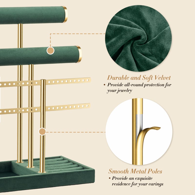 bussdis 3 Tier Bracelet Holder Display - Detachable T Bar Dark Green Velvet Bracelet Holder, Jewelry Holder Organizer for Bracelet, Necklace, Earrings, Rings - Image 2