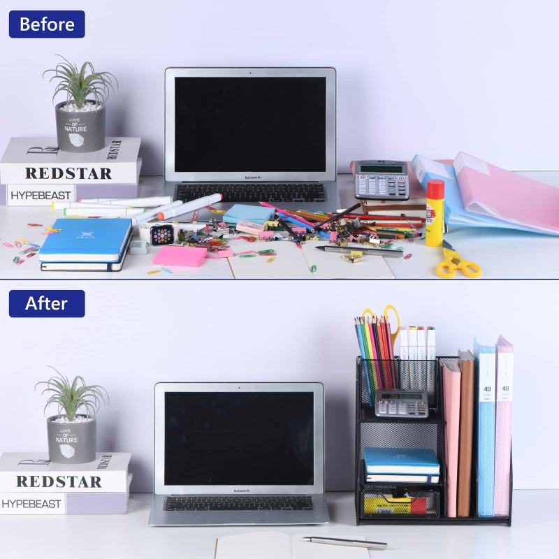 Topwey Desk Organizer, File Organizer for Desk with 2-Tier Paper Letter Tray, Drawer and 2 Pen Holder, Mesh Desktop Organization with Magazine Holder for Office Supplies - Image 4