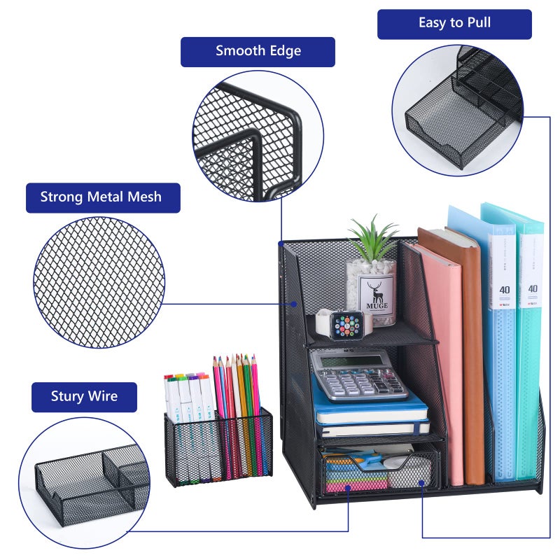 Topwey Desk Organizer, File Organizer for Desk with 2-Tier Paper Letter Tray, Drawer and 2 Pen Holder, Mesh Desktop Organization with Magazine Holder for Office Supplies - Image 2