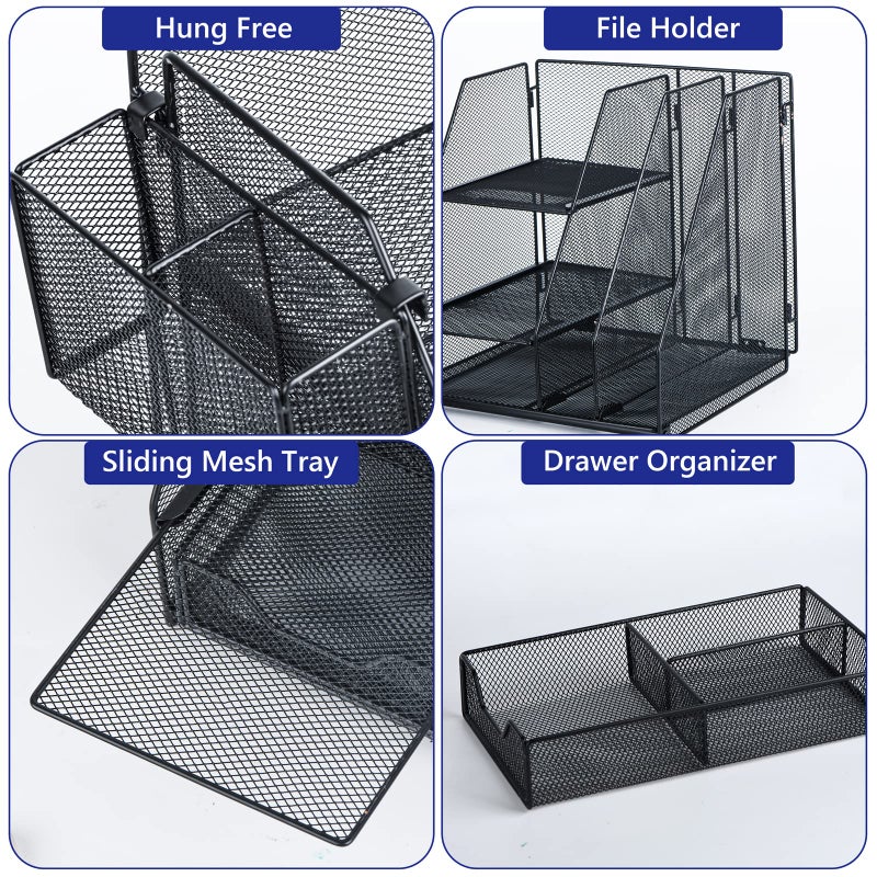 Topwey Desk Organizer, File Organizer for Desk with 2-Tier Paper Letter Tray, Drawer and 2 Pen Holder, Mesh Desktop Organization with Magazine Holder for Office Supplies - Image 5